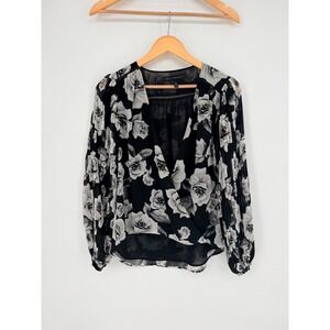 White House Black Market Floral Blouse Black White Rose Pleated Sleeve 2